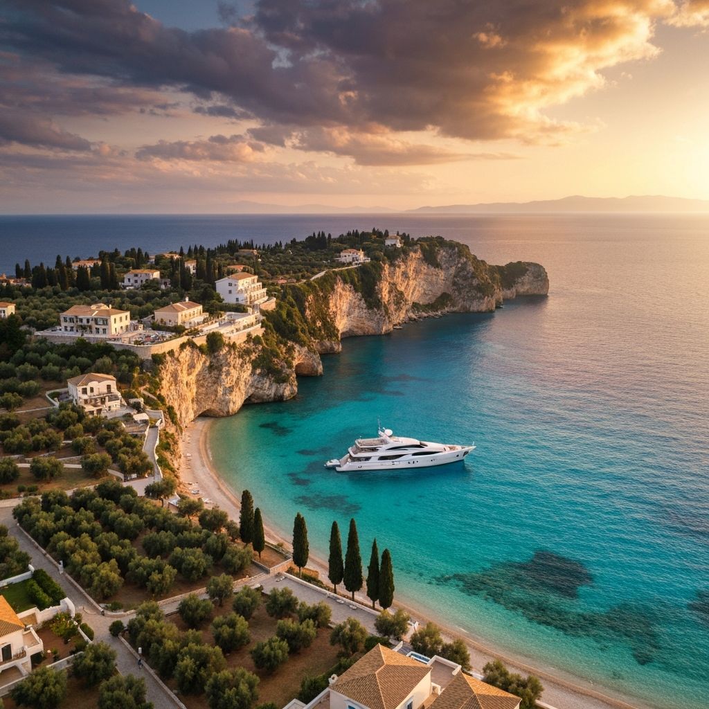 Aerial view of Corfu island at golden hour - luxury Mediterranean escape